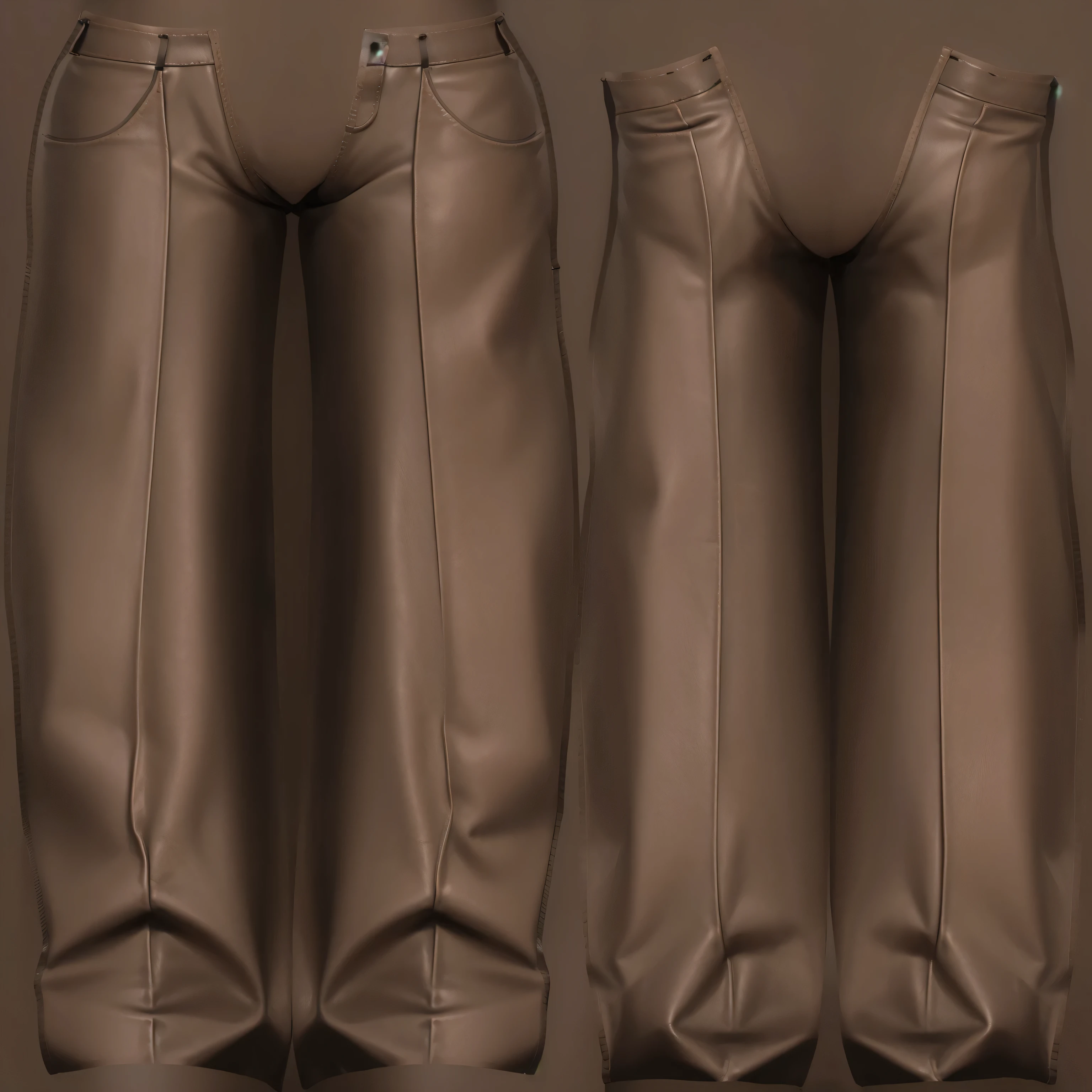 (masterpiece), (best quality), (ultra-detailed), ((masterpiece)) ((best quality)) ((ultra-detailed)) three different views of a pair of brown leather pants, detailed clothes texture, cel shaded pbr, high detail whide shot, clothes high detail, untextured, heavy shading, leather pants, brown pants, highly detailed clothing, in clothes! highly detailed, realistically rendered clothing, realistic clothing, leather hunting attire, highdetailed, leather pants | natural lighting