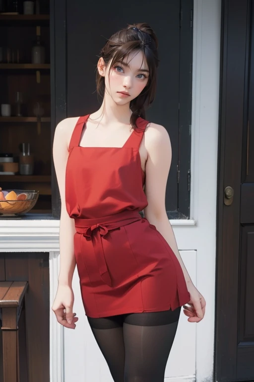 a cute femboy with a goddess aesthetic, extremely detailed face and features, black stockings and pantyhose, curvy waist, flat chest, thick thighs, dynamic angle, visible navel, standing, (best quality,4k,8k,highres,masterpiece:1.2),ultra-detailed,(realistic,photorealistic,photo-realistic:1.37),(high ponytail)