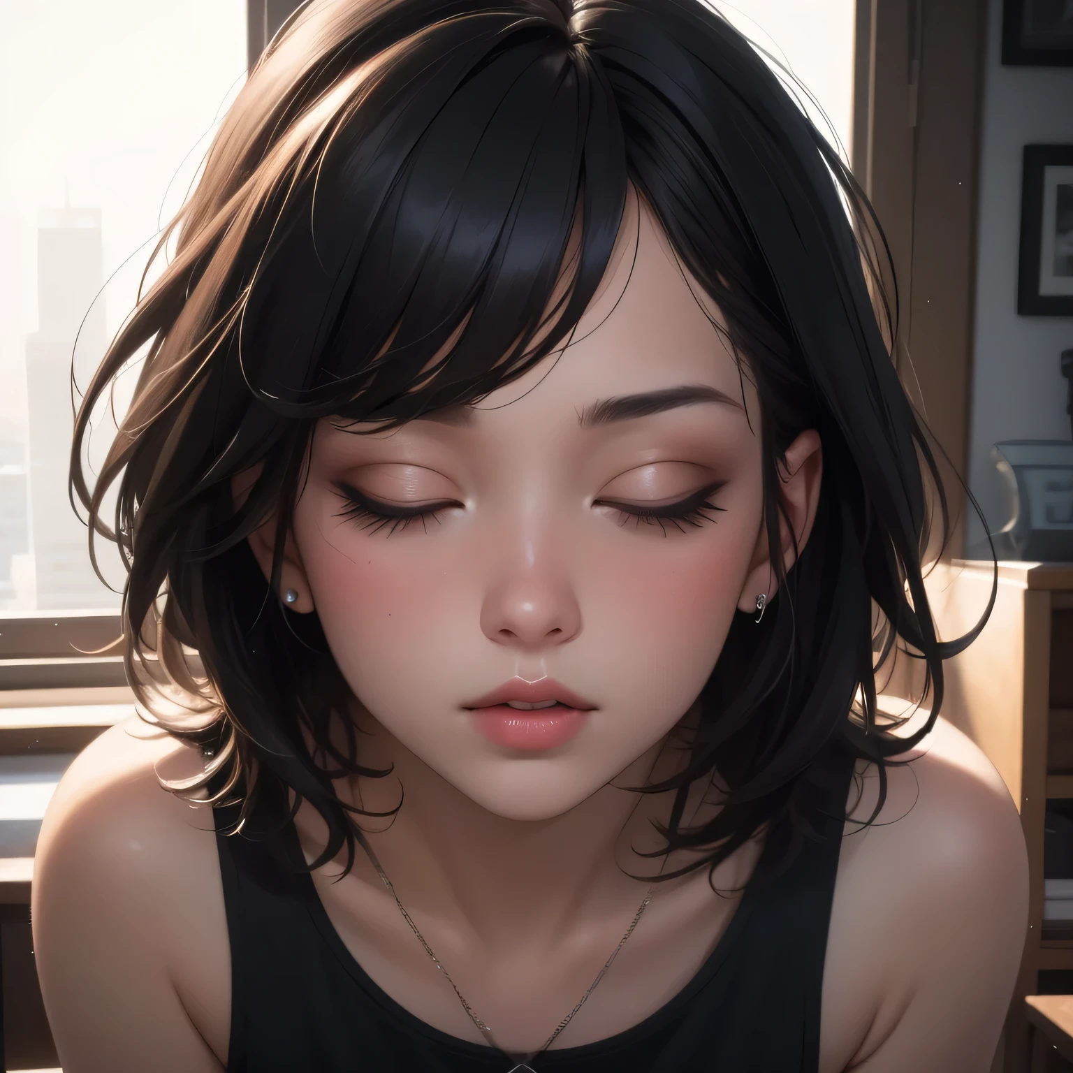 1girl, close up shot, captivating gaze, flawless makeup, alluring figure, thick thighs, wide hips, provocative aura, childhood best friend, glowing up, black tank top, black short shorts, (best quality,4k,8k,highres,masterpiece:1.2),ultra-detailed,(realistic,photorealistic,photo-realistic:1.37),HDR,UHD,studio lighting,ultra-fine painting,sharp focus,physically-based rendering,extreme detail description,professional,vivid colors,bokeh,portraits