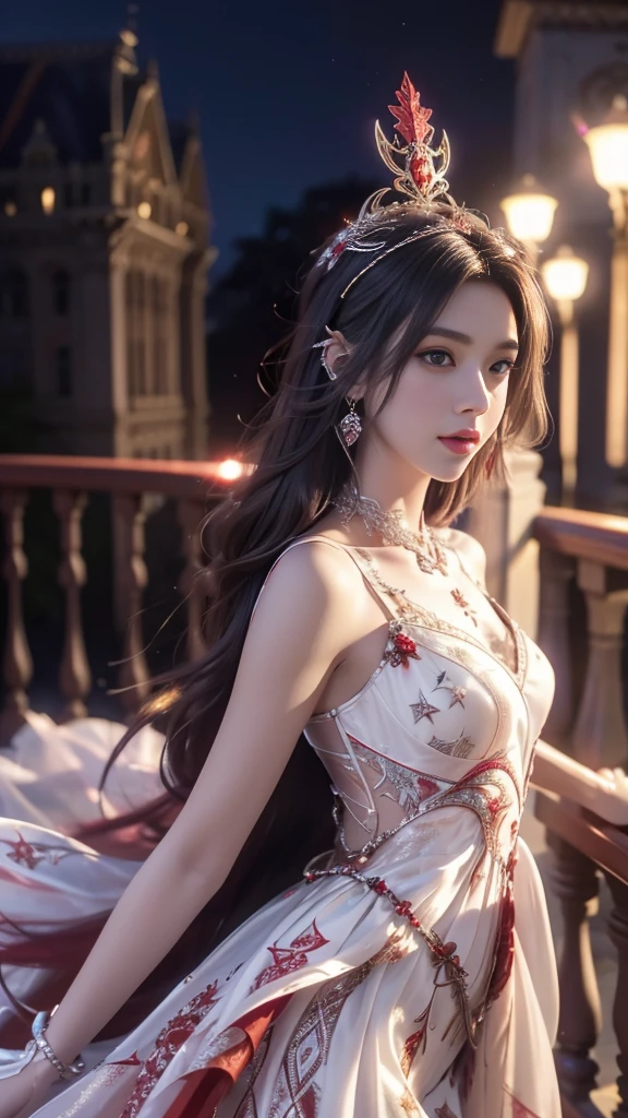 8K, UHD, MAsterpiece, best quality, 1 girl, (realistic face), happy pace, very long hair, small breasts, decorated dress, very beautiful ornaments dress, ((red and white)), ((lace)), mesh dress, sardine, loops, legendary night balcony, depth of field, cinematic lighting, chromatic aberration, motion blur, glowing light, god rays, ray tracing, reflection light, backlighting, navel short, front,