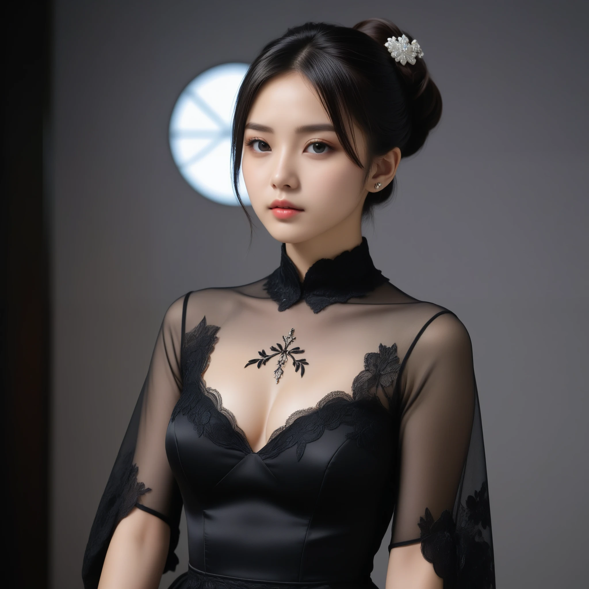 8k, Ultra-high resolution, Highest quality, masterpiece, 三分割法によるphotograph,Surreal, photograph, 1 Girl, (:1.3), pretty girl, Cute Face, Beautiful eyes in every detail, 細かくdetailedに,masterpiece,One Girl:1.2,Japan Female Teachers,extream close up,sad,streaming tears,Black short hair,Messy bun hair,(black suit:1.3),Nun's clothing,(印象派の美しい少女のPortraiture), (Gray background:1.3),(Impressionist light and colour),Gothic Girl , (One-piece suit, Embroidery lace, Sexy Embroidered Mesh Pantyhose Gloves),Realistic Skin, Perfect and beautiful face ,完璧でCute Face, Skin with attention to detail, Perfect limbs、Narrow waist,Looking at the audience,(((Ideal body type))),A cup small breasts :2,Portraiture:2,Perfect Anatomy,鮮明なdetailed,detailed,Surreal,Light and shadow,darkness