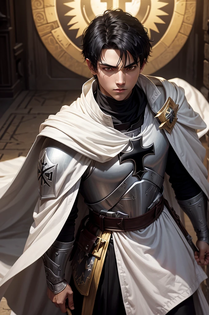 a young Templar knight in armor with a cross symbol on top of his chest, a white cloak, with medium black hair and black eyes, and on his head a bright golden halo.