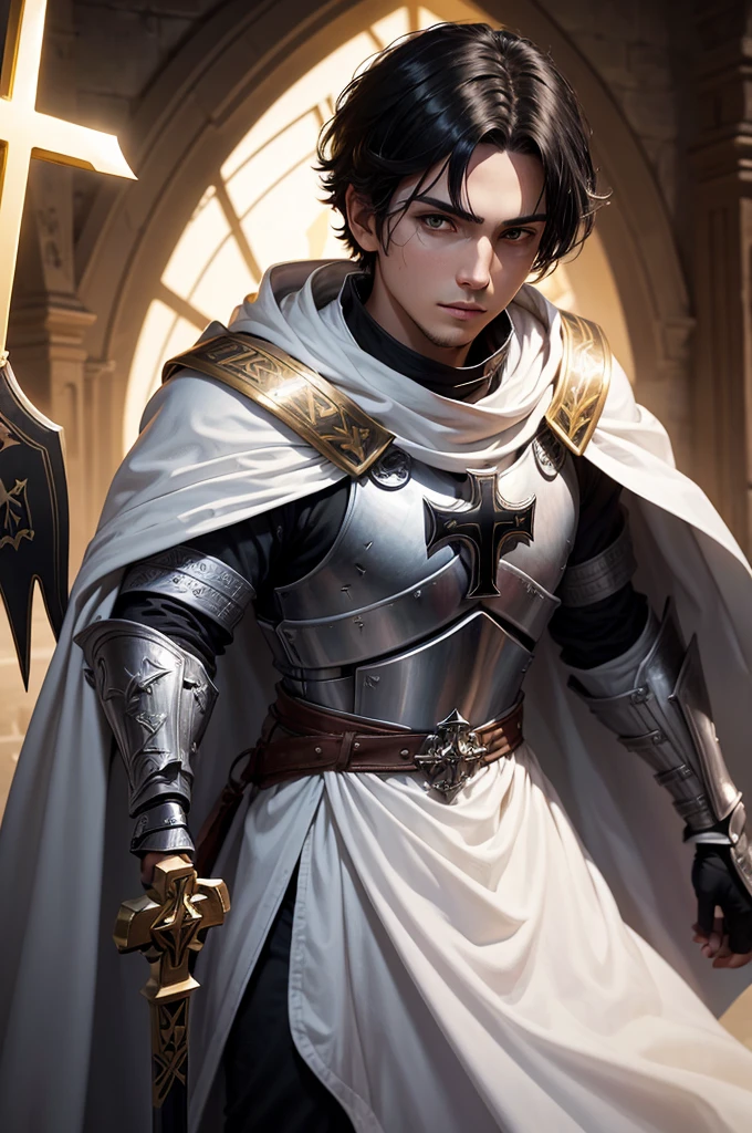 a young Templar knight in armor with a cross symbol on top of his chest, a white cloak, with medium black hair and black eyes, and on his head a bright golden halo.
