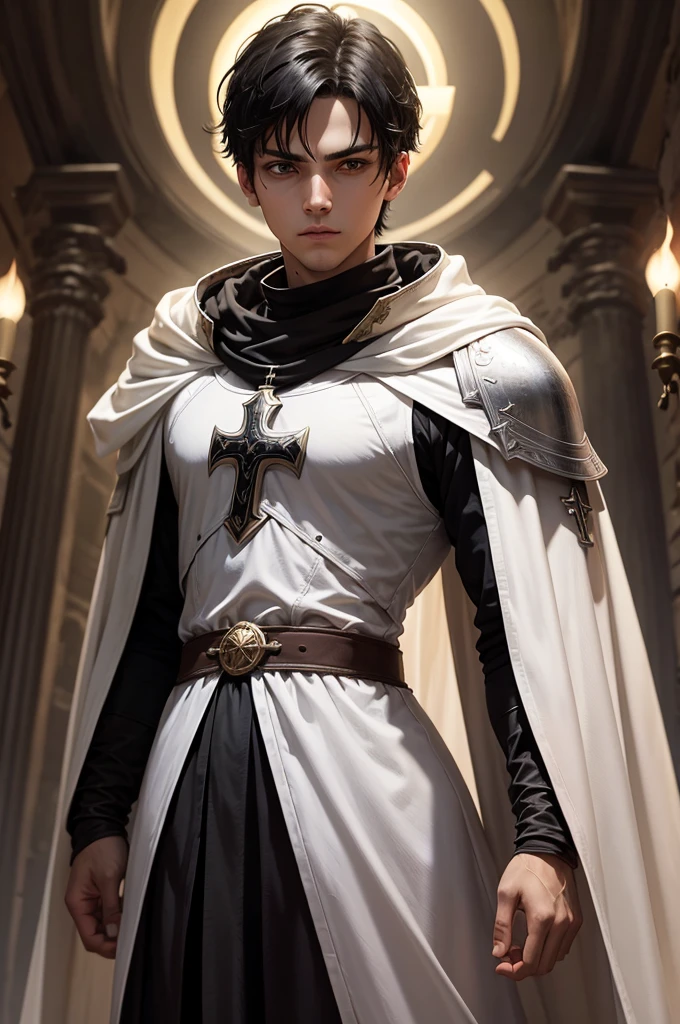 a young Templar knight in armor with a cross symbol on top of his chest, a white cloak, with medium black hair and black eyes, and on his head a bright golden halo.