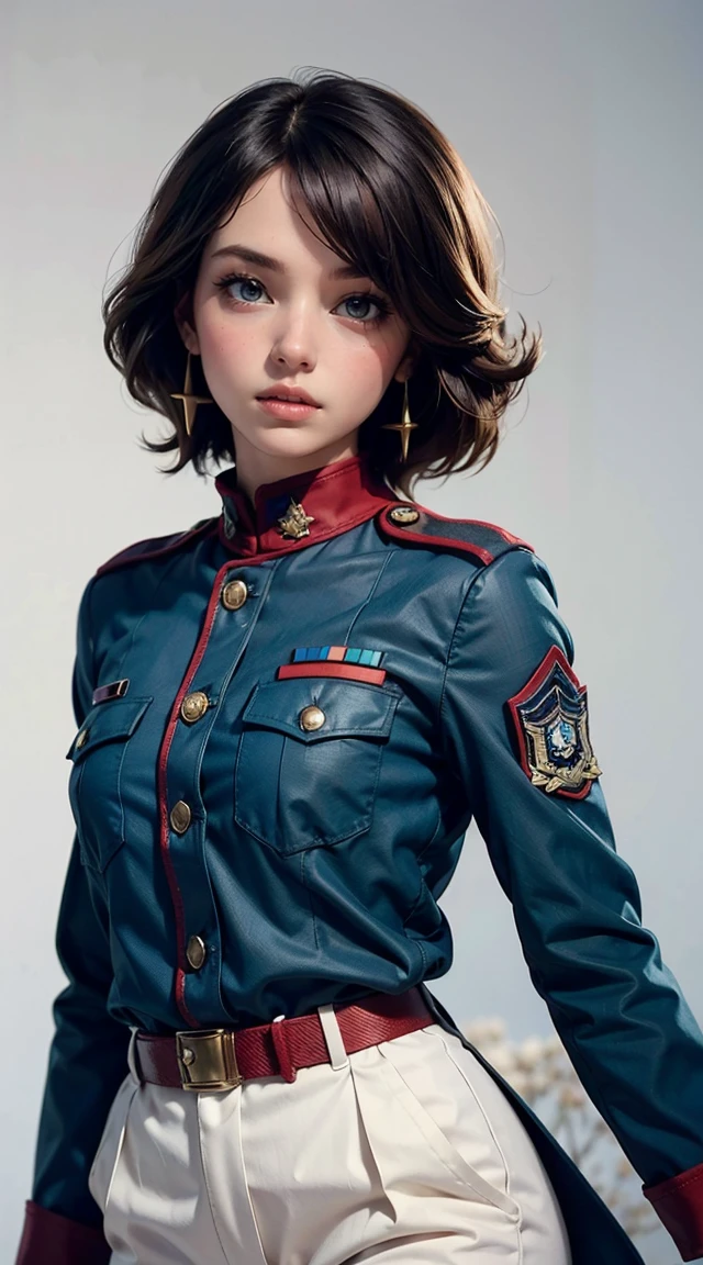 black woman, light smile, glowing skin, better quality, illustration, (realistic:1.4) 여성 soldier, female officer, soldier, military uniform, Permed hair, silver hair, black eyes, short hair