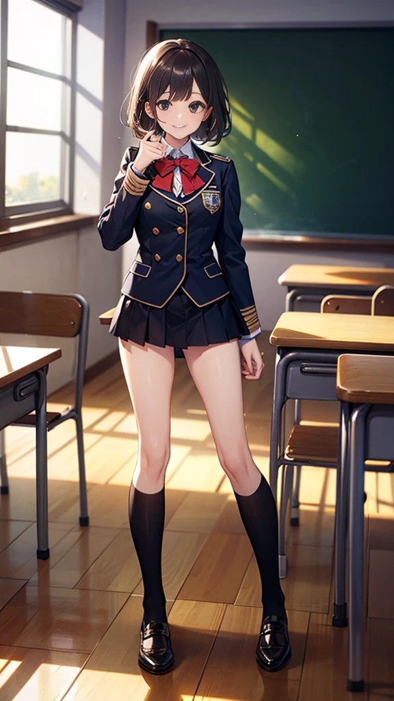 masterpiece、High quality photo、8k、uniform women、classroom、mini skirt、panties、smile、standing position