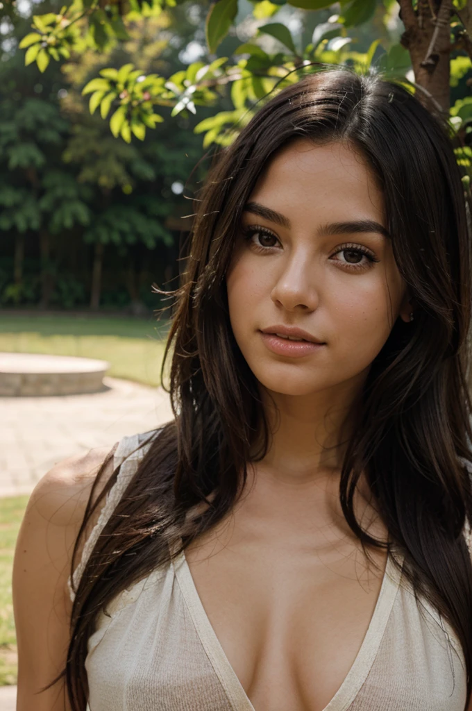 A photorealistic portrait of a 21-year-old colombian girl with long, flowing dark hair and striking dark eyes. She should have a natural, approachable expression and be illuminated by soft, golden-hour sunlight. The background should be a scenic outdoor setting, perhaps a sunlit park or beach. Capture this image with a high-resolution photograph using an 85mm lens for a flattering perspective.