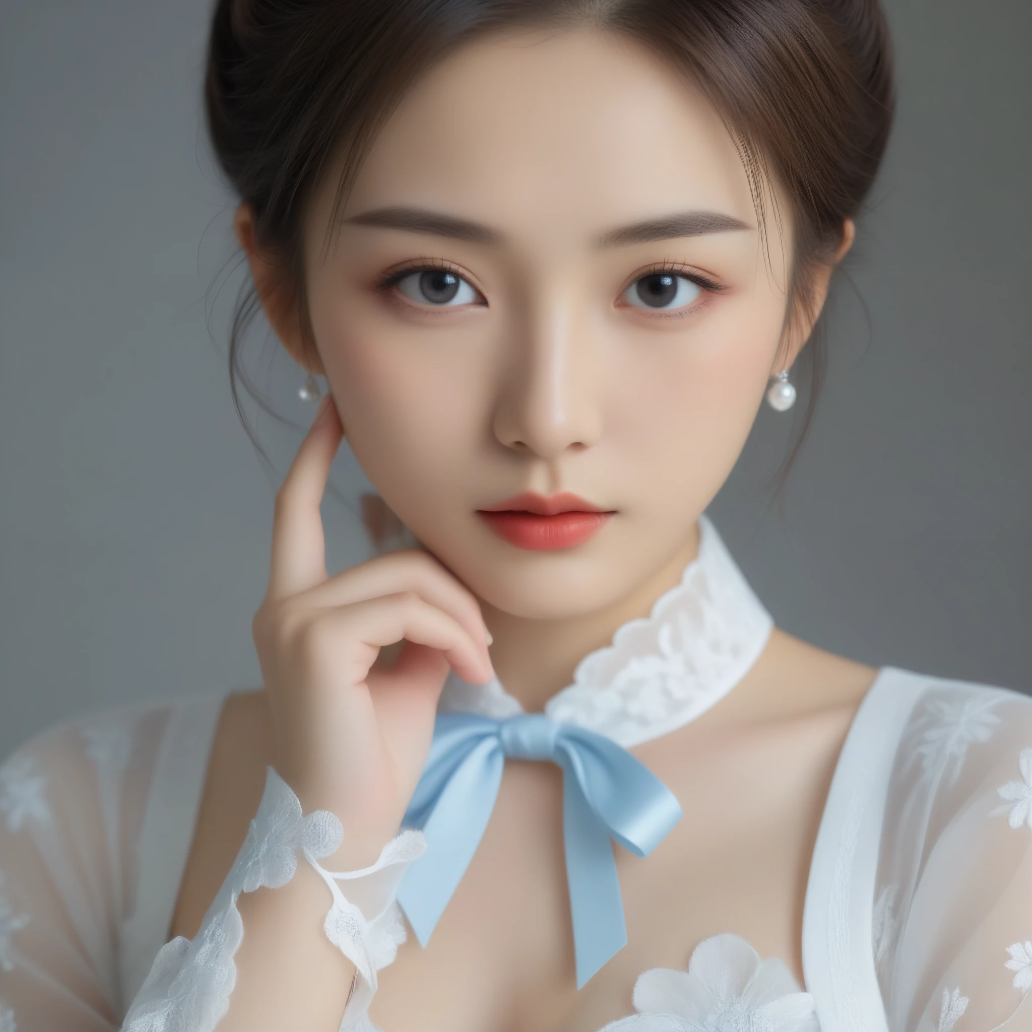 8k, Ultra-high resolution, Highest quality, masterpiece, 三分割法によるphotograph,Surreal, photograph, 1 Girl, (16 years old:1.3), pretty girl, Cute Face, Beautiful eyes in every detail, 細かくdetailedに,masterpiece,One Girl:1.2,Japan Female Teachers,extream close up,sad,streaming tears,Black short hair,Messy bun hair,(black suit:1.3),Nun's clothing,(印象派の美しい少女のPortraiture), (Gray background:1.3),(Impressionist light and colour),Gothic Girl , (One-piece suit, Embroidery lace, Sexy Embroidered Mesh Pantyhose Gloves),Realistic Skin, Perfect and beautiful face ,完璧でCute Face, Skin with attention to detail, Perfect limbs、Narrow waist,Looking at the audience,(((Ideal body type))),A cup small breasts :2,Portraiture:2,Perfect Anatomy,鮮明なdetailed,detailed,Surreal,Light and shadow,darkness
