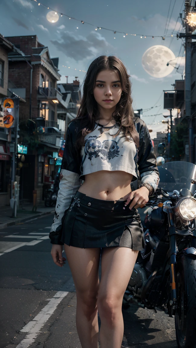 17-year-old waifu poses in front of a futuristic motorcycle, the motorcycle has skulls and blue flames, highly detailed 3D graphics, night landscape with full moon in the background, She wears a white  with 3D skulls and flames and a sailor miniskirt., shackles, HdR, epic realism, High Octane Rendering, artwork,