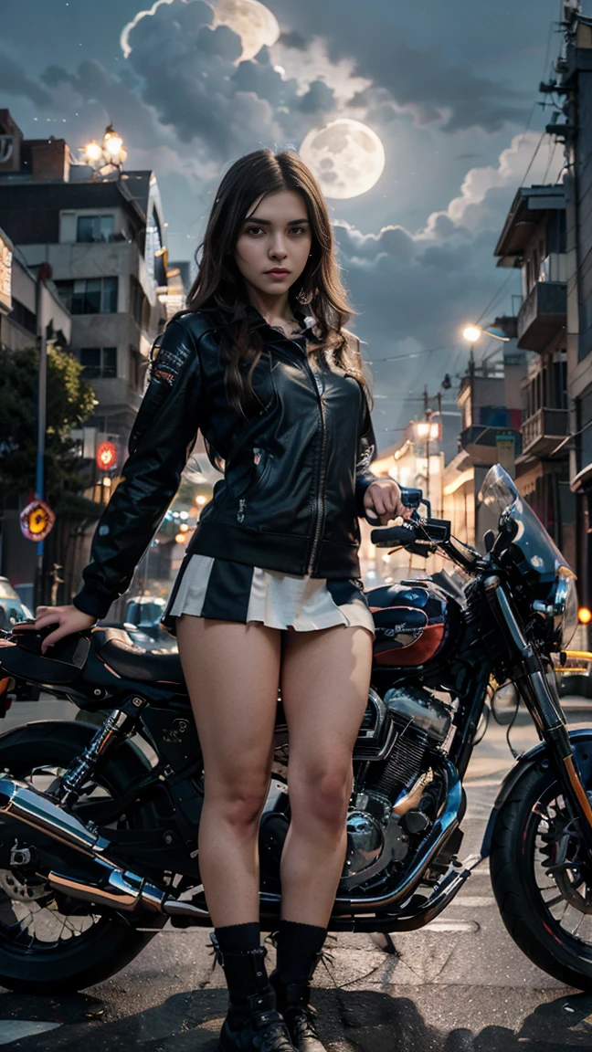 17-year-old waifu poses in front of a futuristic motorcycle, the motorcycle has skulls and blue flames, highly detailed 3D graphics, night landscape with full moon in the background, She wears a white  with 3D skulls and flames and a sailor miniskirt., shackles, HdR, epic realism, High Octane Rendering, artwork,