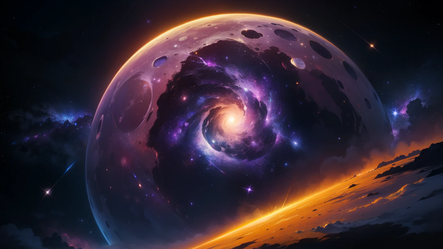 ((best quality)), ((masterpiece)), (detailed), purple cosmic moon, martius_nebula, in purple space with orange accents every where, exploding stars decaying to stardust