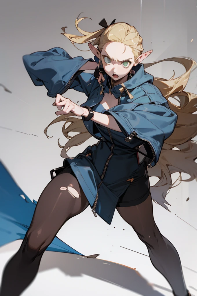 (masterpiece, best quality) detailed, dmarci, 1girl, solo, Wearing black tights, silver accessories , zipper unzipped , blonde ,elegant, pointed ears，torn clothes，Pierced clothes，fighting stance