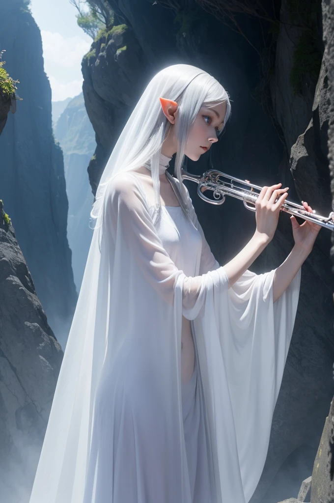 Spectral being whose form vaguely resembles that of a tall, slender elf, His body is shrouded in a translucent cloak of silver mist., pale and deep blue eyes, . Seu cabelo, also silver, floats gently around her as if always touched by a gentle breeze, even when no wind blows.
carry a musical instrument with you, a flute made of ethereal purple crystal