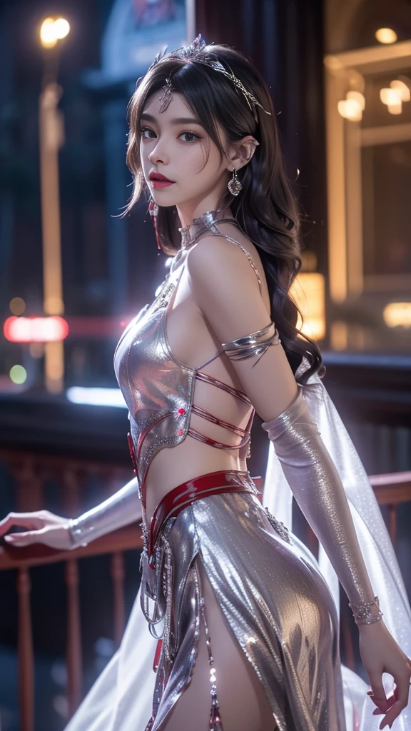 8K, UHD, MAsterpiece, best quality, 1 girl, (realistic face), happy pace, very long hair, small , decorated dress, very beautiful ornaments dress, ((silver and red)), ((lace)), mesh dress, sardine, loops, legendary night balcony, depth of field, cinematic lighting, chromatic aberration, motion blur, glowing light, god rays, ray tracing, reflection light, backlighting, navel short, front,