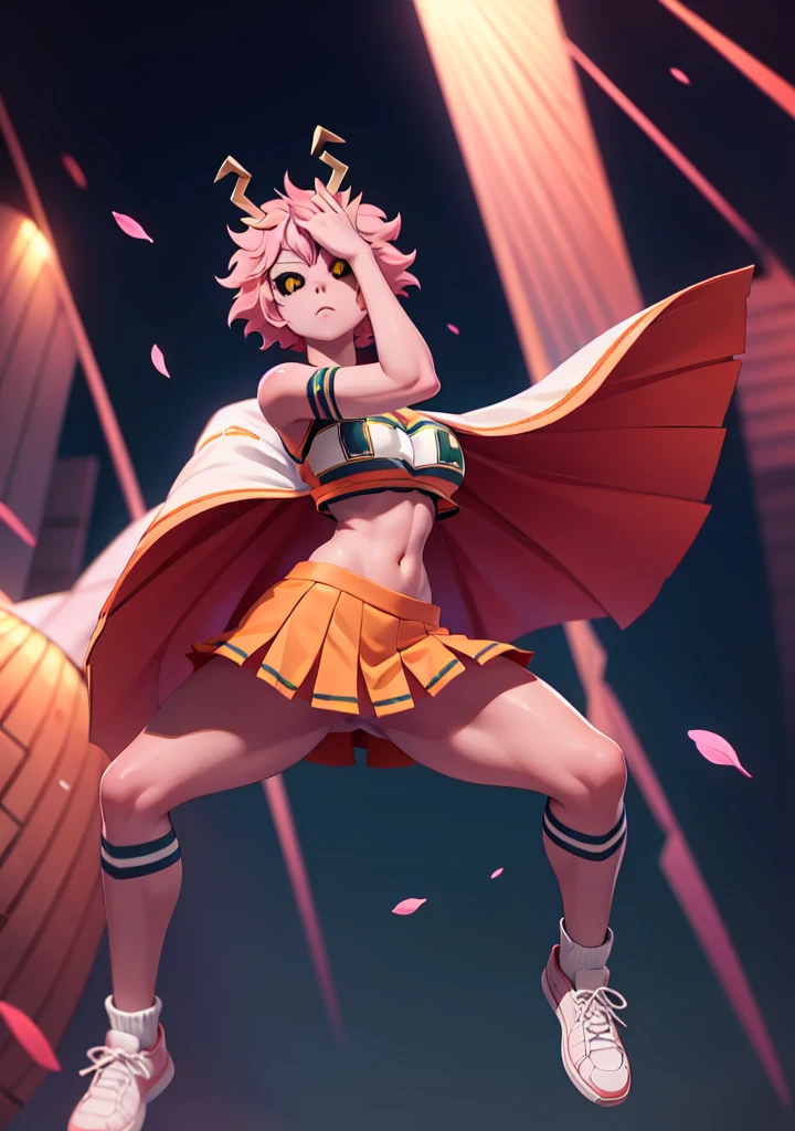 mina ashido, 1girl, solo, looking at viewer, short hair, simple background, yellow eyes, pink hair, horns, colored skin, colored sclera, black sclera, pink skin, U.A. CheerUniform, orange skirt, (bare belly), perfect shading, bare shoulders, big breasts