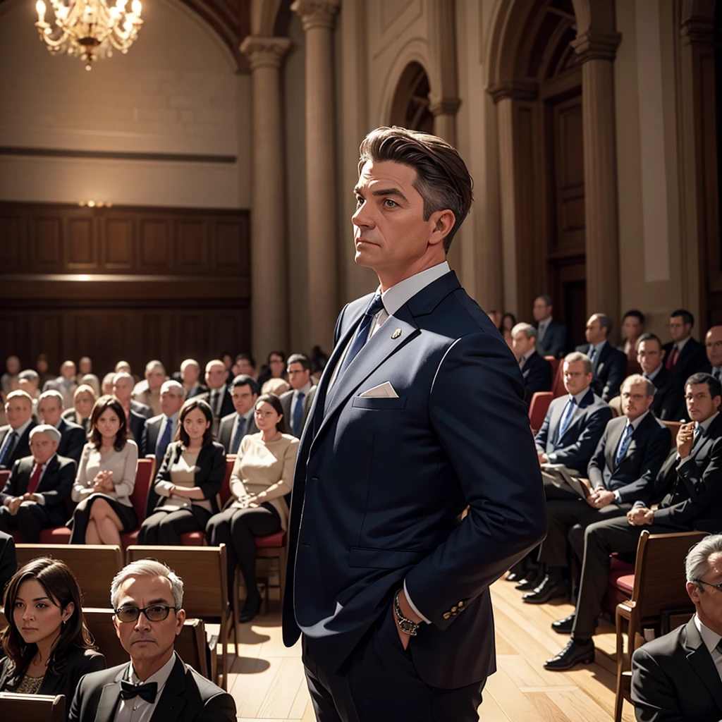  There is only one middle-aged male general manager in the photo with his back to the camera.，He wears fashionable and young clothes，Speech in the Great Hall，There are many audience members in the audience