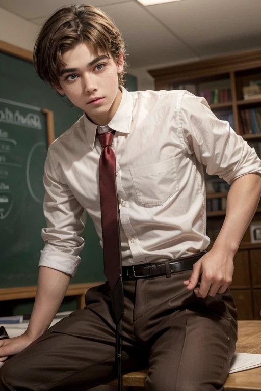 A 13 year old man, medium high, light brown hair, hazel eyes, medium thick eyebrows, perfect nose, pouring a white sleeve shirt, a red tie, a brown vest, some technical high school pants in Mexico and some black school shoes