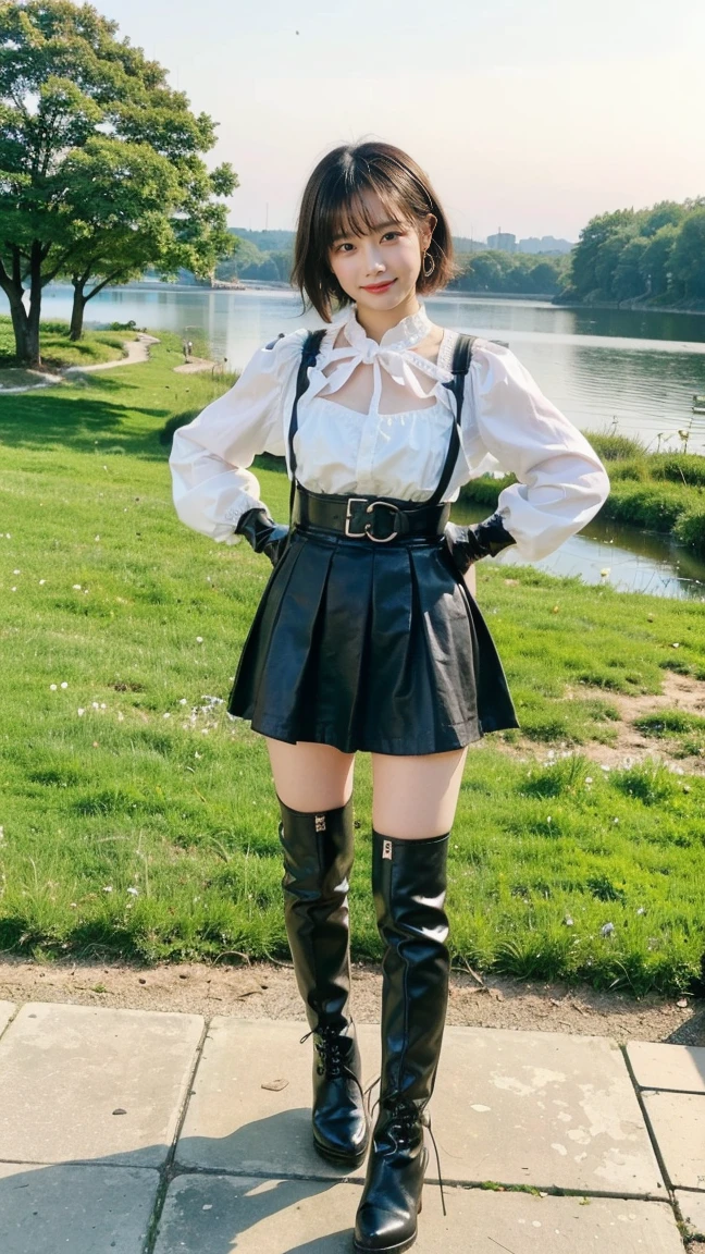 (8k、RAW Photos、Highest quality、masterpiece:1.2)、(Realistic、Realistic)、1 Girl、((mini skirt、Medium Hair、smile、whole body、Gloves、Jacket、Black and white、boots、garden、View from the front、Looking at the camera、Hands on your hips))、cute