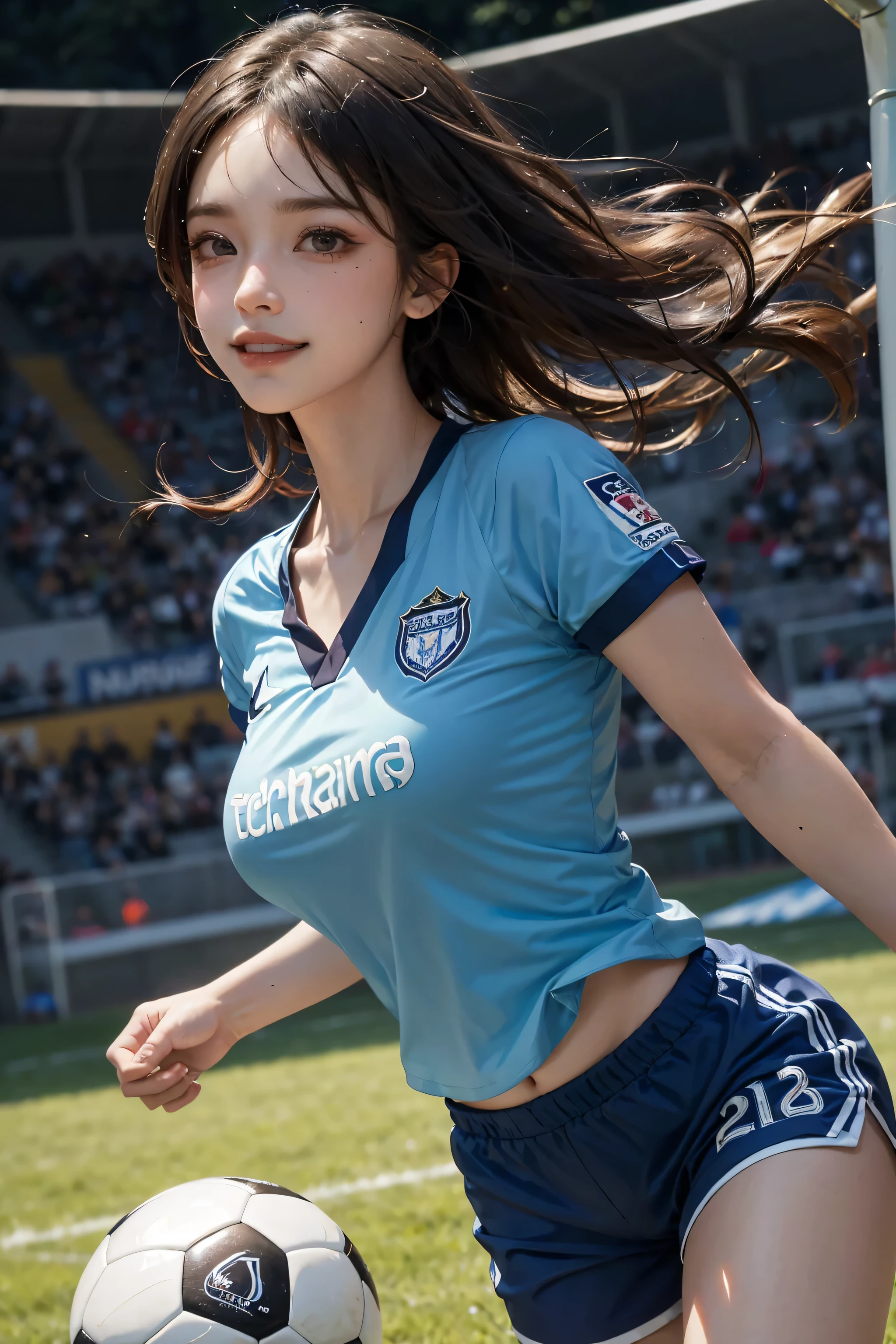 soccer player,((At the soccer field ,Kick the ball with super technique:1.2)).Beautiful detailed hair,((Beautiful eyelashes)), Beautifully detailed face, Beautiful fine details, Beautiful clavicle, Beautiful body, thin脚,Beautiful breasts, Beautiful feet,Cleavage,Pointed Chest, thin, 21 years old, Perfect Face, Long eyelashes,Perfect Anatomy, Supermodel with a long neck,((Skinny1.3)),looking at the camera,(Perfect Anatomy,Anatomically correct, Very detailed肌), Shiny skin,((beautiful girl:1.1)),(( large breasts:1.4))(Mid-length hair:1.4, Wavy Hair:1.2, Black Hair) ,hair over one eye,Dainty facial structure,((masterpiece)), (Highest quality), (Highest quality), ((Very detailed, 8K quality)), aesthetics, Cinema Lighting, Spotlight, (Detailed line drawing), Absurd, (Best Original Score), (High resolution), (Depth of written boundary:1.2), break, Beautiful soccer captain portrait ((Fairy girl)), Detailed skin and lips, Sweat, whole body, play soccer, (dribble)soccer ball, of his feet, ((Wearing a soccer uniform, Shorts:1.2)), Logo Print Blue Soccer Jersey, Use a ((Captain&#39;s Armband)) On the right, ((My heart is pounding:1.3)), running, Atmospheric perspective, A dramatic, cinematic atmosphere, break, Football Stadium, ((Green Field)), audience, audience, break, Very detailed (Fairy), (One girl), alone, Perfect Face, Details, Ahoge, [[Floating Hair]], Shining Eyes, (Beautiful fine eyelashes, eye shadow, pink eye shadow), ((A happy smile:1.4)), Concept Art：Haruhiko Mikimoto, by Kawashi, By Yoshitaka Amano, break, ((Perfect Anatomy)), (Perfect body), Abdominal muscles, Perfect hands, Perfect Face, Beautiful Face, Beautiful Eyes, Perfect Eyes, (Perfect Fingers, Detailed fingers), Correct Anatomy, Perfect Legs, skinny, Perfect ball, detailed balls,  Dynamic composition,ultra wide angle shot