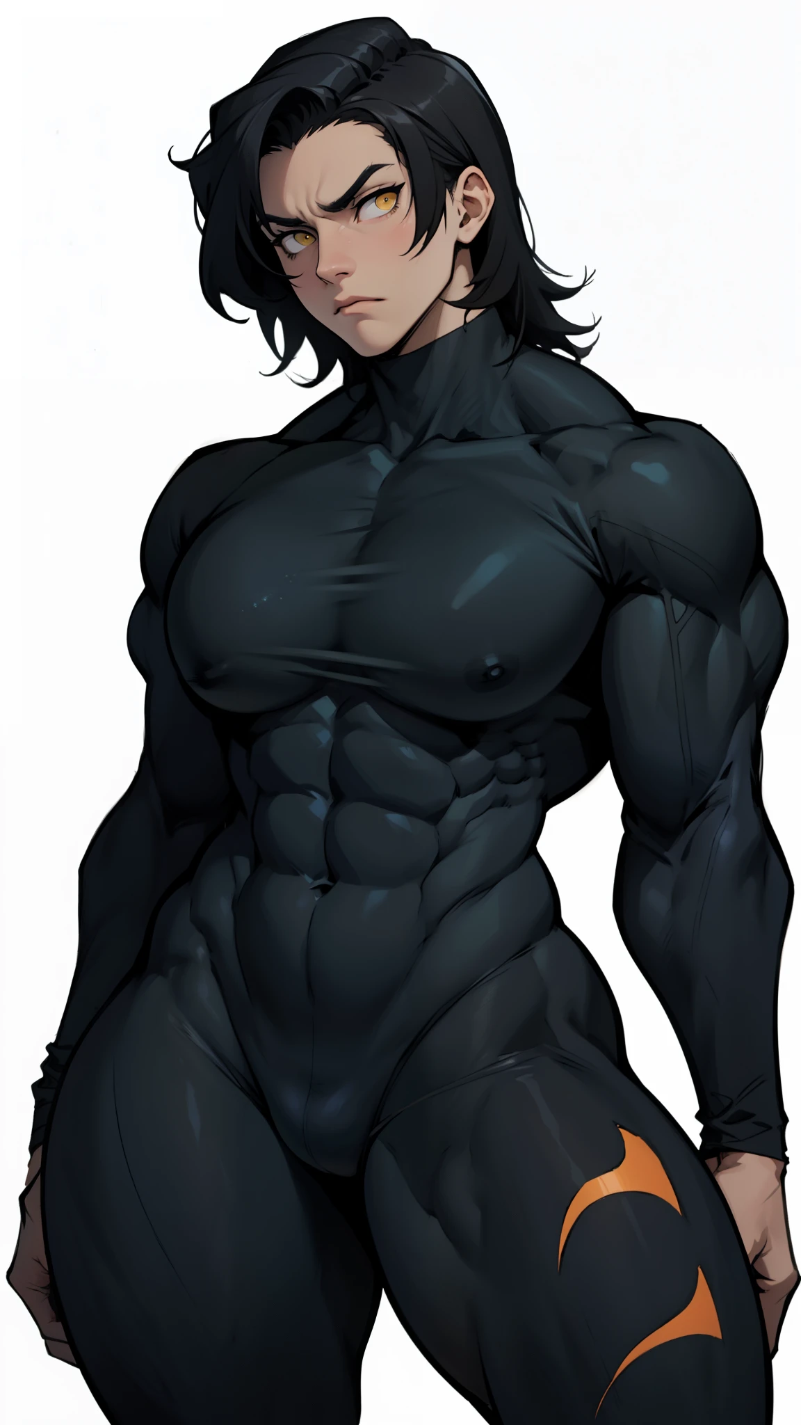 wide hips curvy thick thighs voluptuous huge breasts muscular toned body bodybuilder black hair pale skin yellow eyes skintight expressionless sad sad