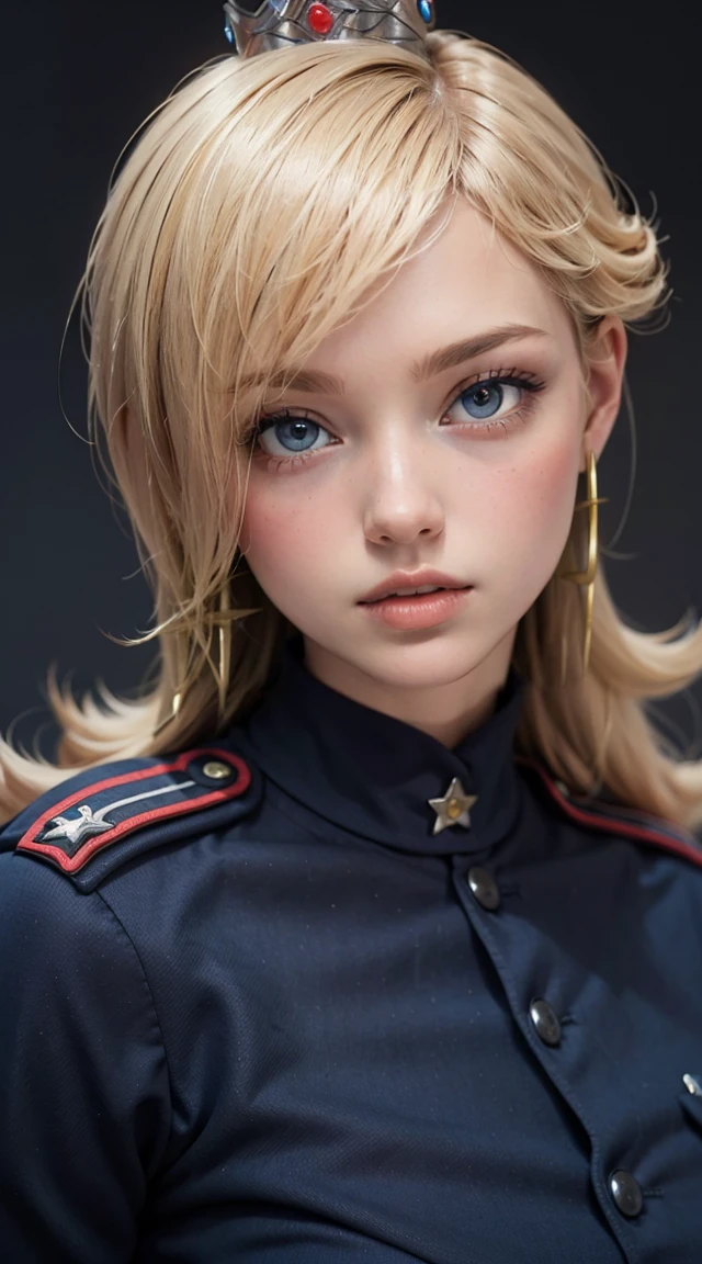 black woman, light smile, glowing skin, better quality, illustration, (realistic:1.4) 여성 soldier, female officer, soldier, military uniform, Permed hair, silver hair, black eyes, short hair