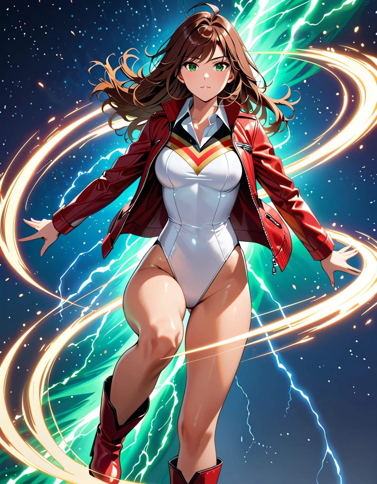(masterpiece), (best quality), (high res), 1lady, tall body, beautiful detailed eyes, beautiful detailed face, serious, perfect hands, complete fingers, perfect anatomy, perfect proportions, ((brown hair, medium hair, hair down)), ahoge, ((green eyes)), ((leotard, white leotard, matching leotard)), ((white dress collar, open collar)), ((bare legs)), ((boots, matching boots, ankle-high boots, red boots)), breasts, medium breasts, (full body portrait), (solo, solo focus), cowboy shot, space backdrop, (((yellow upside-down chevron) (symbol) on chest)), ((red leather jacket, open jacket)). (T-pose, legs together). (spins fast in place like a tornado, whirls fast in place like a tornado, tornado whirling, spiral lines around her, spinning energy pulse around her, storm winds around her, whirls into a tornado, (she whirls) in (super speeds)). full body costume design. curved sword slash. she super-spins.