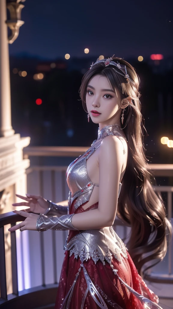 8K, UHD, MAsterpiece, best quality, 1 girl, (realistic face), happy pace, very long hair, small breasts, decorated dress, very beautiful ornaments dress, ((red and silver)), ((lace)), mesh dress, sardine, loops, legendary night balcony, depth of field, cinematic lighting, chromatic aberration, motion blur, glowing light, god rays, ray tracing, reflection light, backlighting, navel short, front,