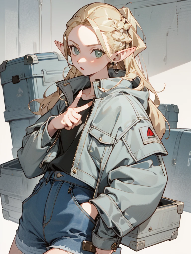 (masterpiece, best quality) detailed, dmarci, 1girl, solo, black cargo shorts, silver accessories, denim jacket, blonde, elegant, pointed ears, casual posture, looking at viewer,