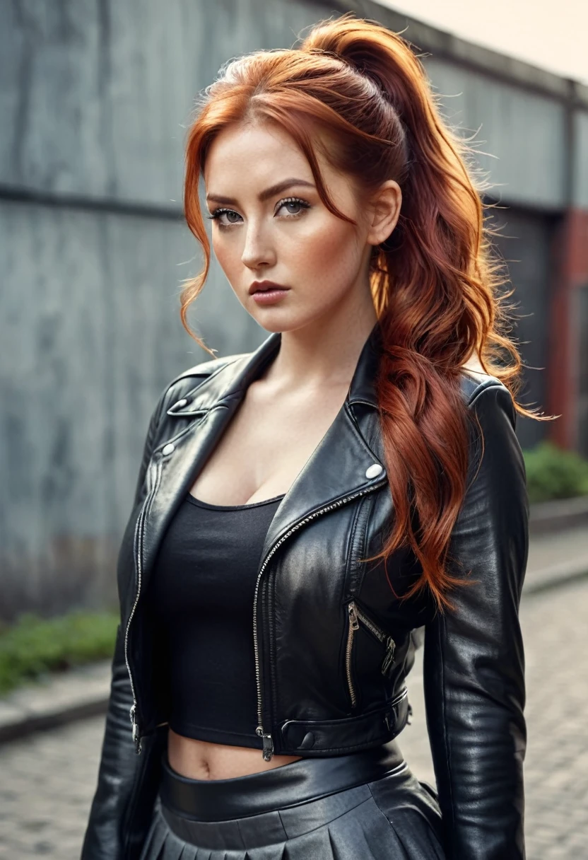 An attractive woman with long, wavy red hair and ponytail, and serious, youthful, curvy face, skirt, leather jacket, absurd hyper realistic, raw photo, UltraHD 8K, high quality, film grain, (highly specific skin: 1.2)