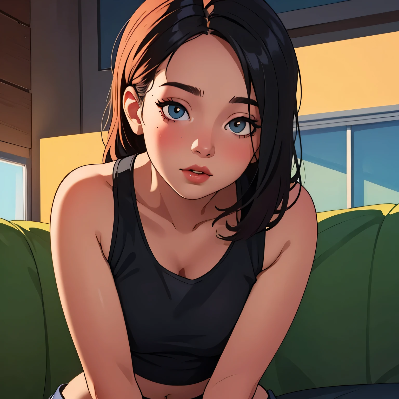 1girl, close up shot, captivating gaze, flawless makeup, alluring figure, thick thighs, wide hips, provocative aura, childhood best friend, glowing up, black tank top, black short shorts, (best quality,4k,8k,highres,masterpiece:1.2),ultra-detailed,(realistic,photorealistic,photo-realistic:1.37),HDR,UHD,studio lighting,ultra-fine painting,sharp focus,physically-based rendering,extreme detail description,professional,vivid colors,bokeh,portraits