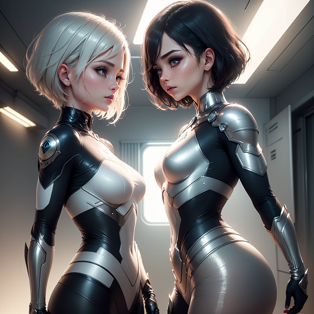 (best quality,8k:1.2,high resolution:1.2),ultra-detalhado,Realistic,retro science fiction female superhero,short hair,rosto extremamente detalhados,long eyelashes,shiny metalic chrome armor, Apertado,gloves,Physically-based rendering,foco nítido,white studio lighting