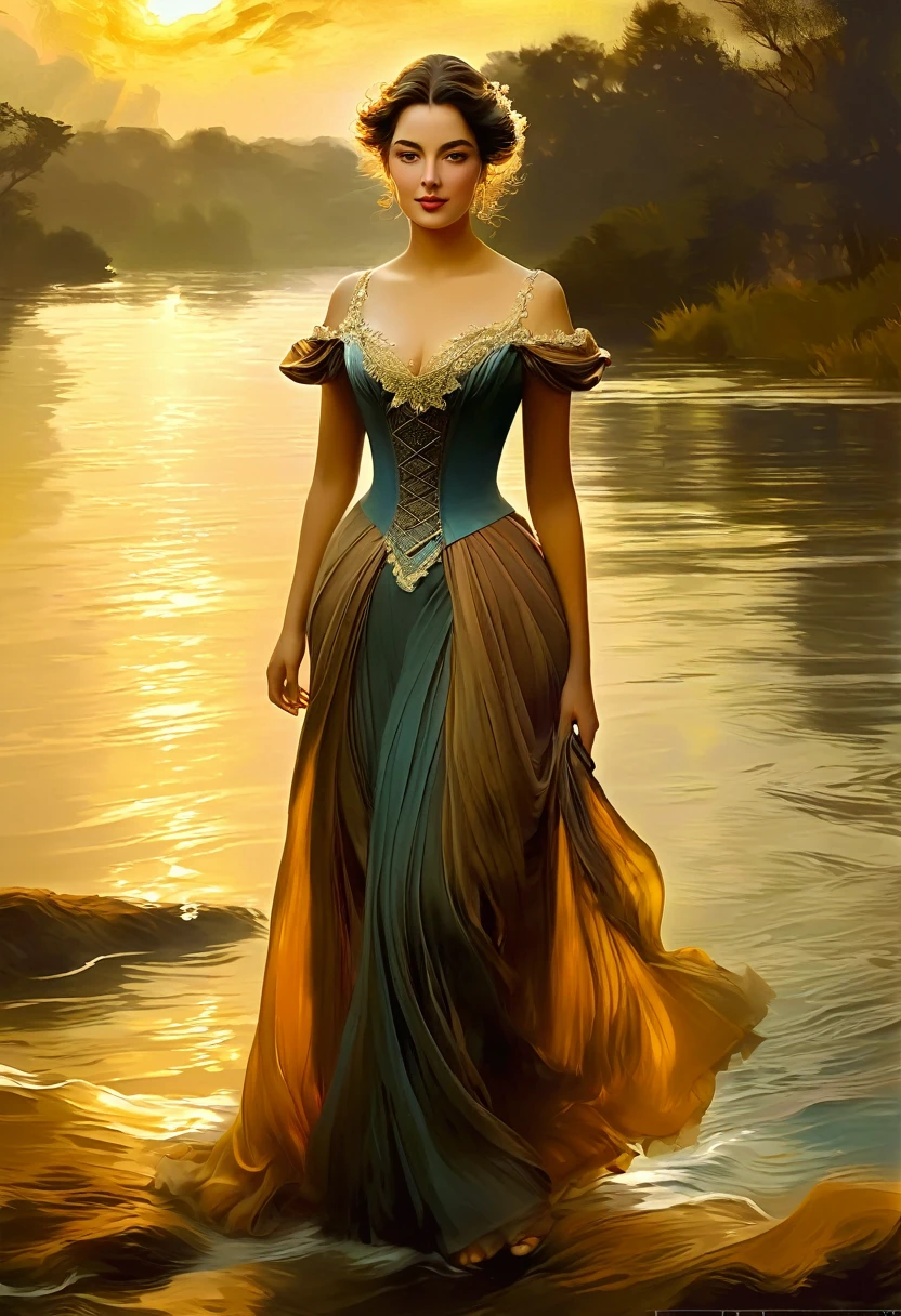 [front view]:[(((DEN_alisya_soa) gradient of the old sepia canvas)):20]:[painting of a woman in a dress standing in front of a body of water, art of edouard bisson, renaissance digital painting, gorgeous digital painting, elegant digital painting, baroque digital painting, wlop painting style, beautiful character painting, inspired by Henryk Siemiradzki, in style of wlop, beautiful digital painting, inspired by Howard Chandler Christy