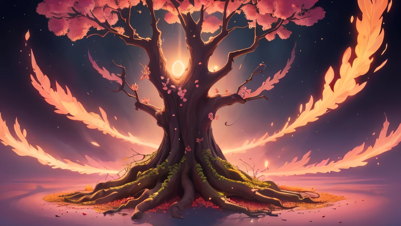 ((best quality)), ((masterpiece)), (detailed), A digital illustration of a pink jasmine tree with glowing, vibrant colors and energy radiating from it