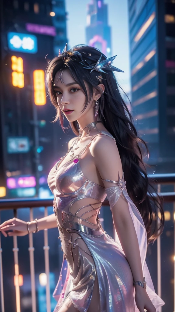 8K, UHD, MAsterpiece, best quality, 1 girl, (realistic face), happy pace, very long hair, small breasts, decorated dress, very beautiful ornaments dress, ((cyberpunk dress)), ((lace)), mesh dress, sardine, loops, legendary night balcony, depth of field, cinematic lighting, chromatic aberration, motion blur, glowing light, god rays, ray tracing, reflection light, backlighting, navel short, front,