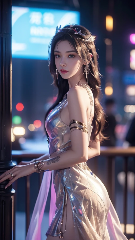 8K, UHD, MAsterpiece, best quality, 1 girl, (realistic face), happy pace, very long hair, small breasts, decorated dress, very beautiful ornaments dress, ((cyberpunk dress)), ((lace)), mesh dress, sardine, loops, legendary night balcony, depth of field, cinematic lighting, chromatic aberration, motion blur, glowing light, god rays, ray tracing, reflection light, backlighting, navel short, front,
