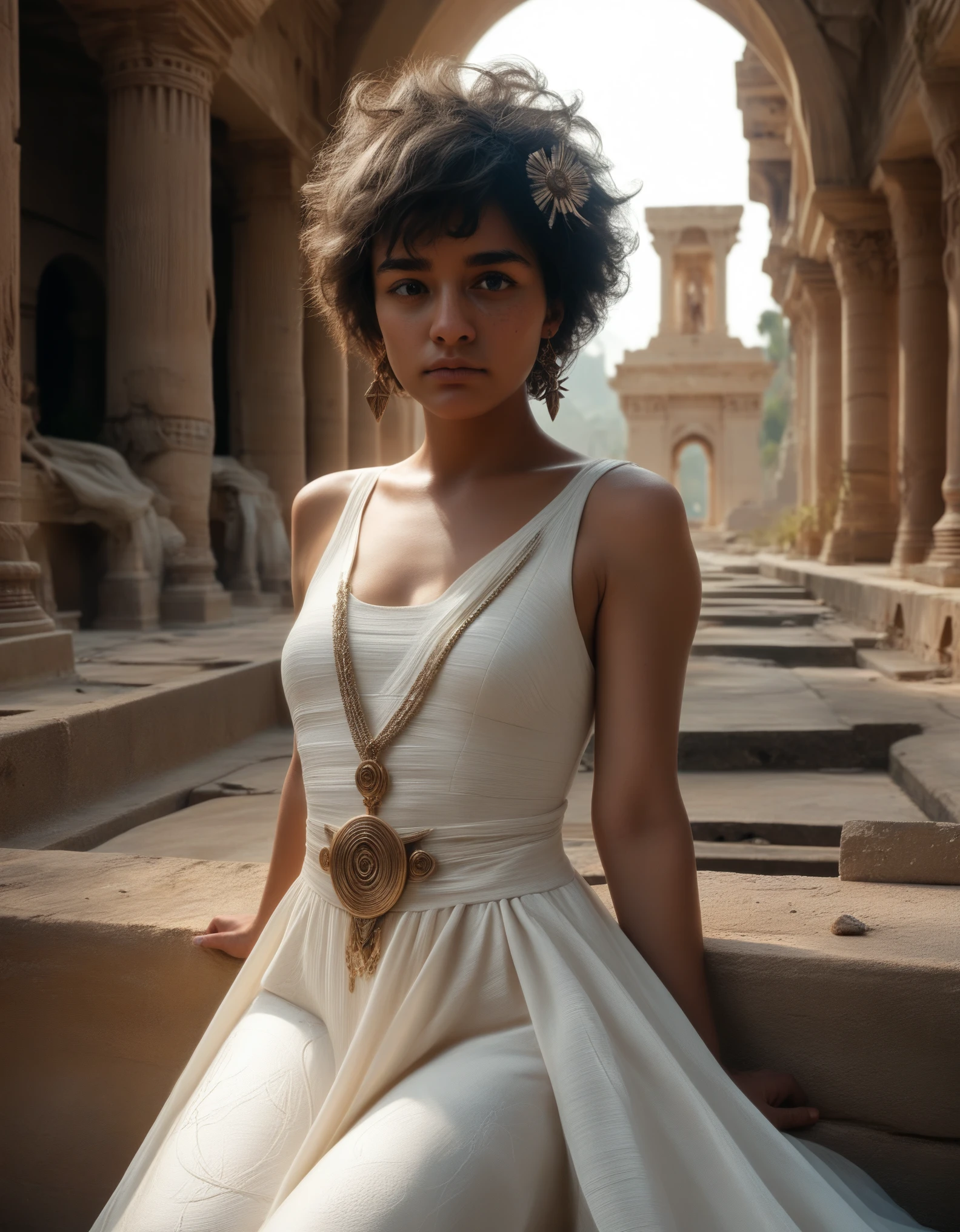 a woman (cutesexyhentai) big tits kneeling in a white dress, youthful taliyah, ancient ruins,zenra taliyah, roman goddess, the goddess hestia, stern like athena, (best quality,4k,8k,highres,masterpiece:1.2),ultra-detailed,(realistic,photorealistic,photo-realistic:1.37),hyperrealistic,intricate details,dramatic lighting,epic fantasy,digital art,concept art,cinematic,highly detailed face,beautiful eyes,elegant,graceful,powerful