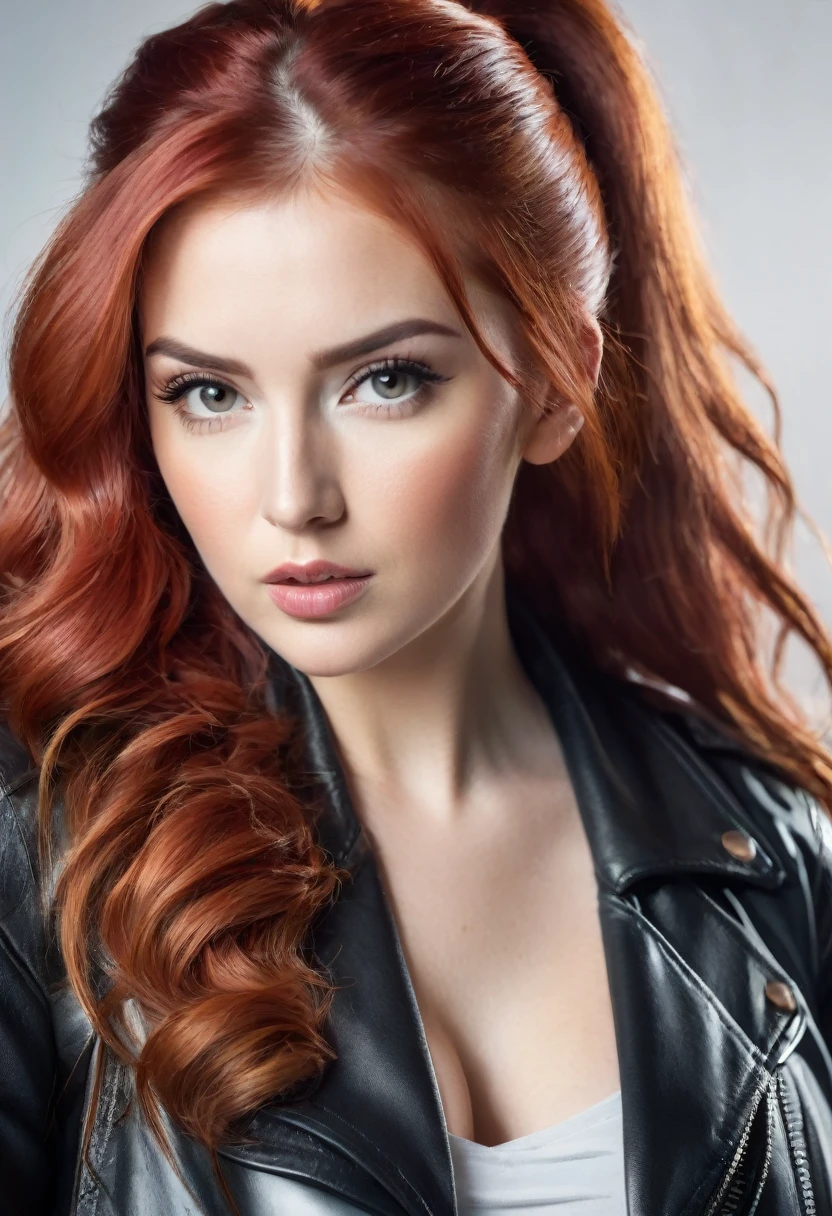 An attractive woman with long, wavy red hair and ponytail, and serious, youthful, curvy face, skirt, leather jacket, absurd hyper realistic, raw photo, UltraHD 8K, high quality, film grain, (highly specific skin: 1.2)