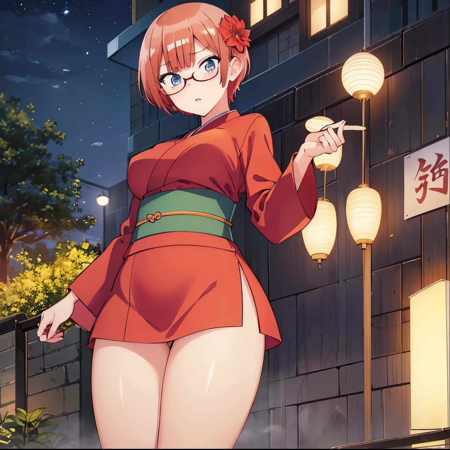 ((1girl)),((alone)),ogata rizu,(masterpiece), (best quality), (ultra detailed), (best illustration), (best shadow), (absurdities), sharp focus, cowboy shot , dynamic posture looking at the viewer, big breasts, narrow waist, wide hips, wide thighs, round butt, erotic, romantic, (very detailed eyes, lips 1.1), very detailed eyes, eyes, Very detailed face, Very beautiful face, height full, beautiful slim figure, femininity, expressive appearance, elastic big breasts, increased sexuality, orange hair, short hair, Japanese clothing, kimono, floral print, long sleeves, hair flower, hair ornament, bare legs, short stature , glasses, half-rimmed glasses, red-rimmed glasses, under-rimmed glasses, defined body, perfect and beautiful body, perfect and beautiful, , closed mouth, calm expression, blushing, (sexy pose: 1.2), ((solo)) , standing: 1.3, outside, cityscape, japanese festival, streets, night, fireworks, looking forward, ((focus on thighs)), point of view (from below), red blush, perfect anatomy, perfect hands ,