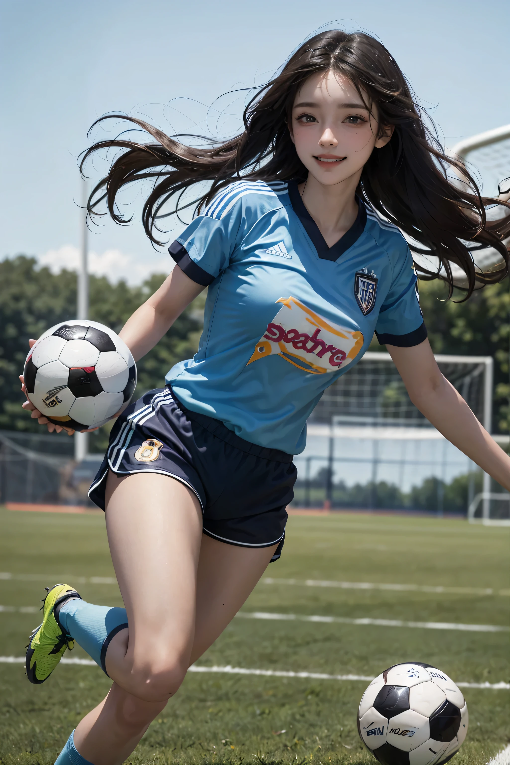 soccer player,((At the soccer field ,Kick the ball with super technique:1.3)),((Nipple hardening:1.3)),((impossible sweater:1.05)),Beautiful detailed hair,((Beautiful eyelashes)), Beautifully detailed face, Beautiful fine details, Beautiful clavicle, Beautiful body, thin脚,Beautiful breasts, Beautiful feet,Cleavage,Pointed Chest, thin, 21 years old, Perfect Face, Long eyelashes,Perfect Anatomy, Supermodel with a long neck,((Skinny1.3)),looking at the camera,(Perfect Anatomy,Anatomically correct, Very detailed肌), Shiny skin,((beautiful girl:1.1)),(( large breasts:1.4))(Mid-length hair:1.4, Wavy Hair:1.2, Black Hair) ,hair over one eye,Dainty facial structure,((masterpiece)), (Highest quality), (Highest quality), ((Very detailed, 8K quality)), aesthetics, Cinema Lighting, Spotlight, (Detailed line drawing), Absurd, (Best Original Score), (High resolution), (Depth of written boundary:1.2), break, Beautiful soccer captain portrait ((Fairy girl)), Detailed skin and lips, Sweat, whole body, play soccer, ((dribble))soccer ball, of his feet, ((Wearing a soccer uniform, Shorts:1.2)), Logo Print Blue Soccer Jersey, Use a ((Captain&#39;s Armband)) On the right, ((My heart is pounding:1.3)), ((running)), Atmospheric perspective, A dramatic, cinematic atmosphere, break, Football Stadium, ((Green Field)), audience, audience, break, Very detailed (Fairy), (One girl), alone, Perfect Face, Details, Ahoge, [[Floating Hair]], Shining Eyes, (Beautiful fine eyelashes, eye shadow, pink eye shadow), ((A happy smile:1.4)), Concept Art：Haruhiko Mikimoto, by Kawashi, By Yoshitaka Amano, break, ((Perfect Anatomy)), (Perfect body), Abdominal muscles, Perfect hands, Perfect Face, Beautiful Face, Beautiful Eyes, Perfect Eyes, (Perfect Fingers, Detailed fingers), Correct Anatomy, Perfect Legs, skinny, Perfect ball, detailed balls, ((Dynamic composition)),((ultra wide angle shot:1.3)),((whole bodyっぽい)),((Spread legs:1.3)),