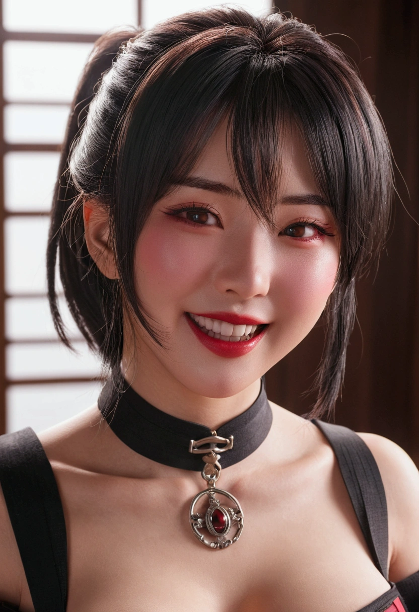 akeno, Big chest ,face close up, detailed face, detailed eyes, blush on face, smiling ,red lips,choker, bites her lip
