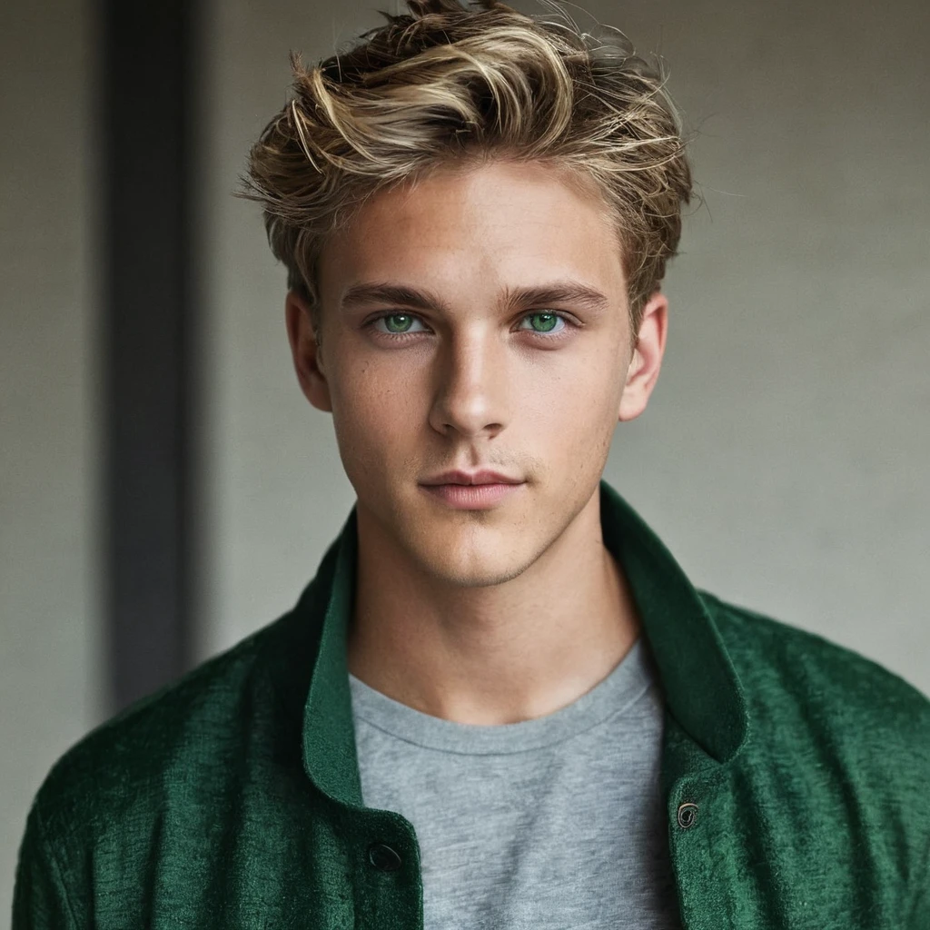 Solo, male, young adult, dark blonde hair, mid-short hair, dark green eyes, cool outfit, bare face, handsome