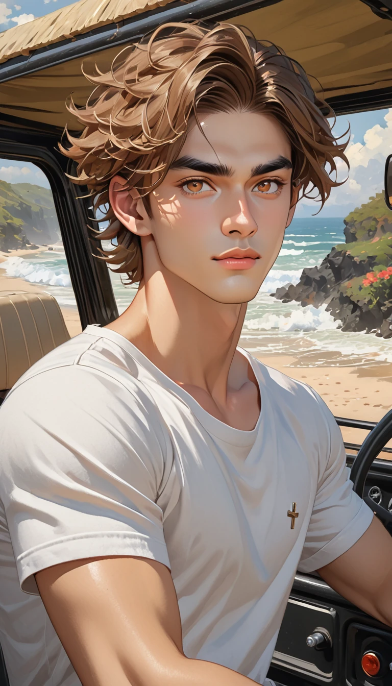 1 male, Impressionist style, Brushwork, hazel brown eyes, sharp brows, long eyelashes, skin tawny, deep tan, curtain bangs, tapered undercut, middle part, textured waves, golden brown hair, highlights, almond eyes, slight upward tilt at outer corners, inside jeep, background inside jeep, holding steering wheel, college male, white fitted t-shirt, silver cross necklace, grey swim shorts, black flipflops, waist up shot, strong facial features, hair is a mop of tousled waves, voluminous hair , Adam's Apple, lower back dimples, canine teeth slightly set back (one chipped), rough and tumble, defined/sharp jawline, faint cleft, high cheekbones, lips (dark coral, plush, deep commissures, Cupid's bow), thick flat brows with a slight arch (nick scar on right), straight nose (narrow bridge), small mole near ear, smooth face, no facial hair