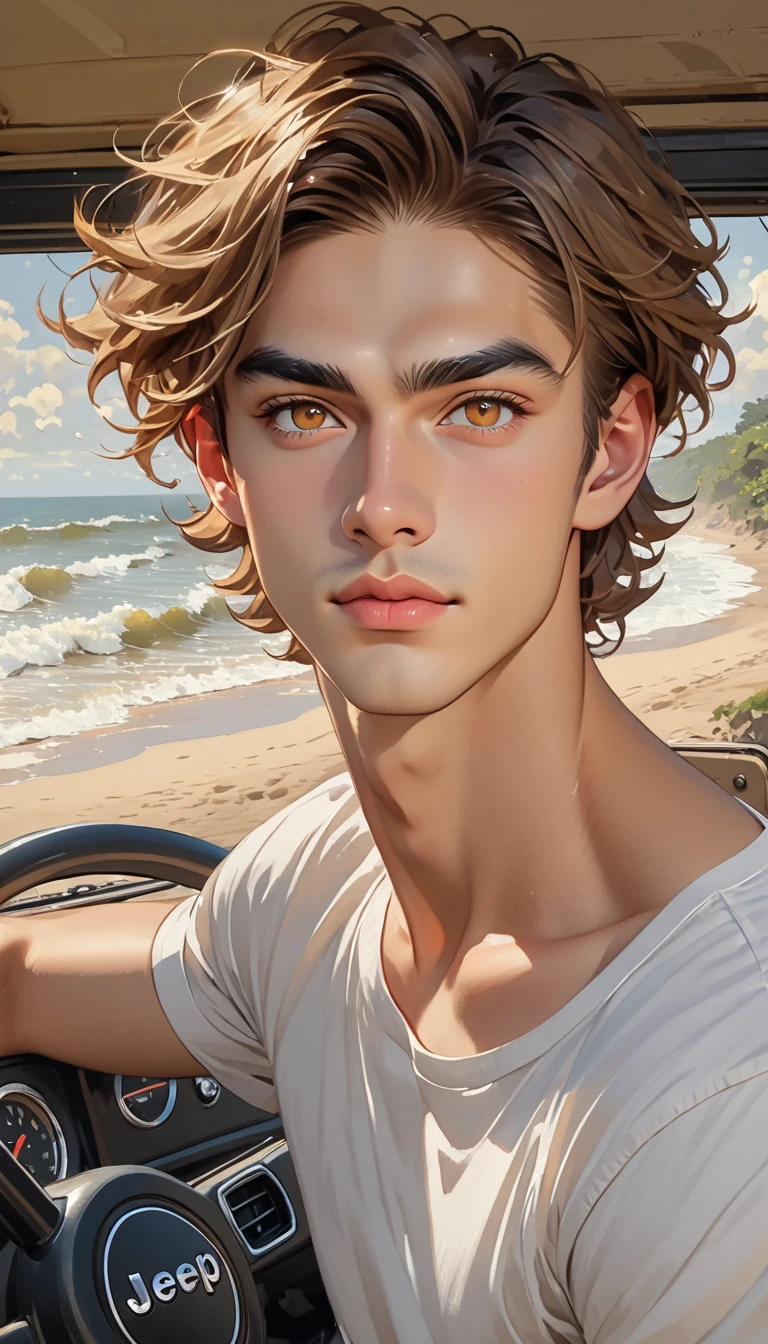 1 male, Impressionist style, Brushwork, hazel brown eyes, sharp brows, long eyelashes, skin tawny, deep tan, curtain bangs, tapered undercut, middle part, textured waves, golden brown hair, highlights, almond eyes, slight upward tilt at outer corners, inside jeep, background inside jeep, holding steering wheel, college male, white fitted t-shirt, silver cross necklace, grey swim shorts, black flipflops, waist up shot, strong facial features, hair is a mop of tousled waves, voluminous hair , Adam's Apple, lower back dimples, canine teeth slightly set back (one chipped), rough and tumble, defined/sharp jawline, faint cleft, high cheekbones, lips (dark coral, plush, deep commissures, Cupid's bow), thick flat brows with a slight arch (nick scar on right), straight nose (narrow bridge), small mole near ear, smooth face, no facial hair