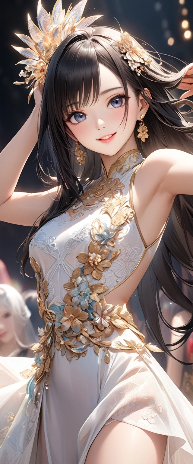 ( perfect anatomy )Anime charming black long hair oriental beauty girl, A dazzling clothing model on the catwalk.Showcasing this year’s latest fashionable dresses. Dynamic pose detail face. realistic eyes. The face and eyes are very detailed. delicate skin.、delicate skin texture smile,Soft Light, Professional photography master&#39;artwork, texture, complicated, Clear, High-quality masterpieces，Extremely complicated and exquisitely detailed, Super detailed, Super detailed digital art 
