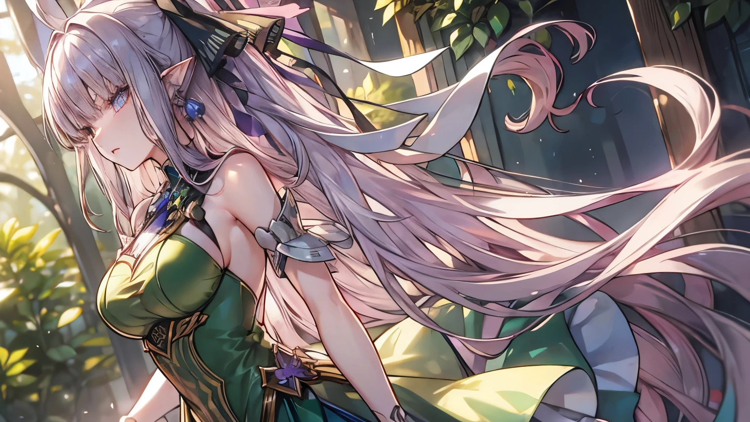 ((Silver Hair)), Very detailed顔と目, Very long hair, jewelry, Purple Hair Band, Long pointy ears, anime, masterpiece, Textured skin, (Very detailed), Awards, (Highest quality), Fairy, in the forest, wood々The sunlight shines in, (Green Dress:1.4), whole body, Beautiful legs, hunting, Bow and Arrow, eyeball, tsurime, Variegated eyes, Bust Shot