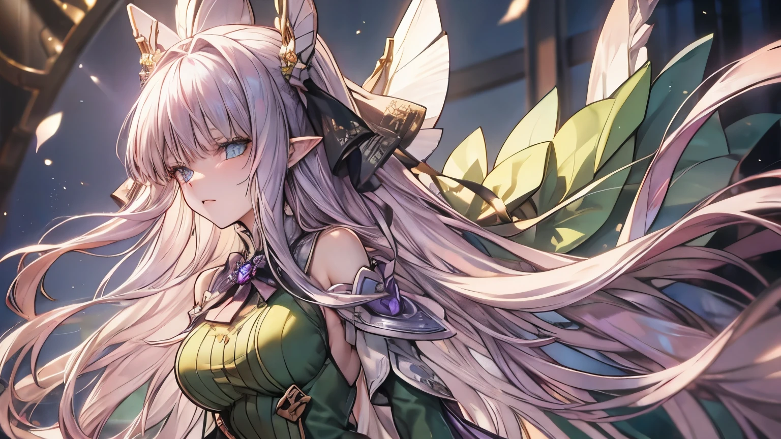 ((Silver Hair)), Very detailed顔と目, Very long hair, jewelry, Purple Hair Band, Long pointy ears, anime, masterpiece, Textured skin, (Very detailed), Awards, (Highest quality), Fairy, in the forest, wood々The sunlight shines in, (Green Dress:1.4), whole body, Beautiful legs, hunting, Bow and Arrow, eyeball, tsurime, Variegated eyes, Bust Shot