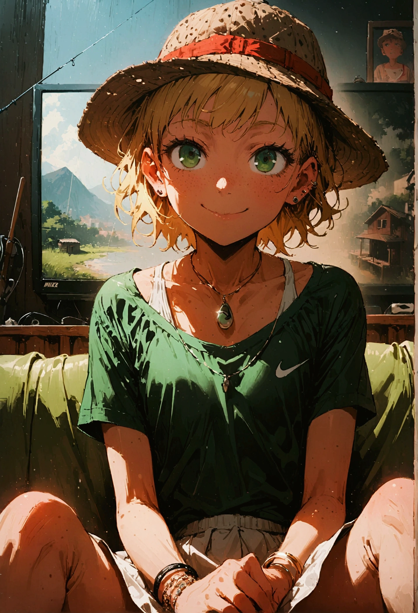 cheeky, freckled, blonde girl, green eyes, flat chest, pert butt, fishing hat, ear piercing, expensive pendant, bracelet, tight t-shirt, jeans, white mini skirt, Nike sneakers, cheeky smile, sitting on the couch house, tv background, echi, cinematic, dramatic, POV, dynamic view, full body,