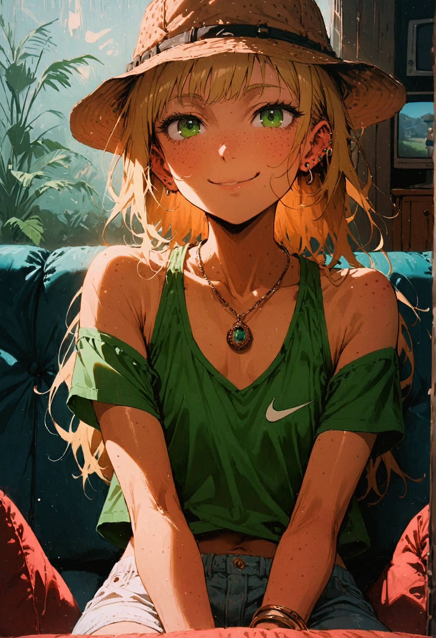 cheeky, freckled, blonde girl, green eyes, flat chest, pert butt, fishing hat, ear piercing, expensive pendant, bracelet, tight t-shirt, jeans, white mini skirt, Nike sneakers, cheeky smile, sitting on the couch house, tv background, echi, cinematic, dramatic, POV, dynamic view, full body,