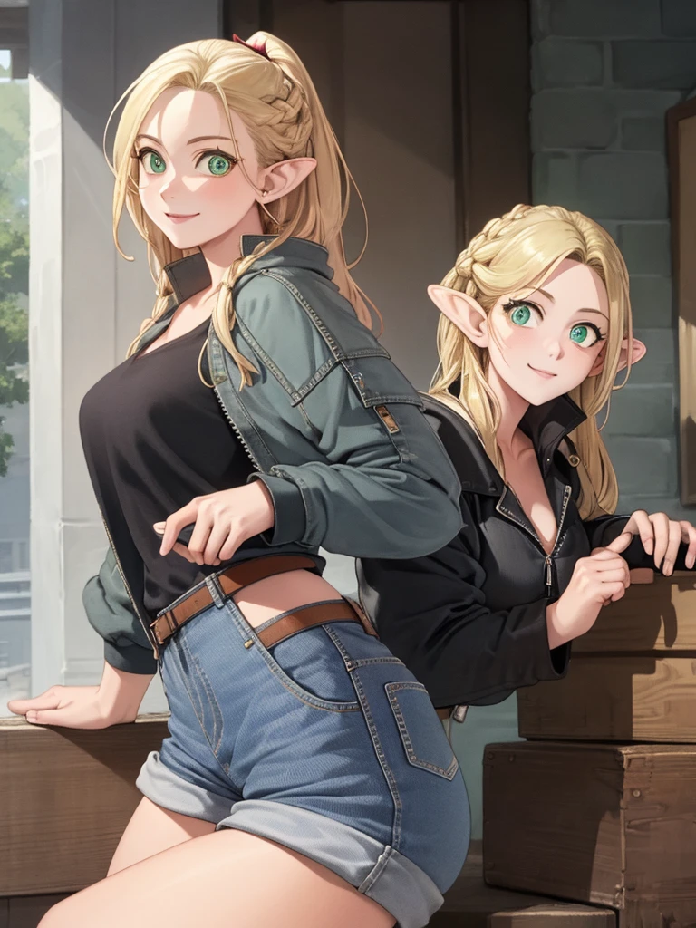 (masterpiece, best quality) detailed, dmarci, 1girl, solo, black cargo shorts, silver accessories, denim jacket, blonde, elegant, pointed ears, casual posture, smiling, large breasts, looking at viewer,