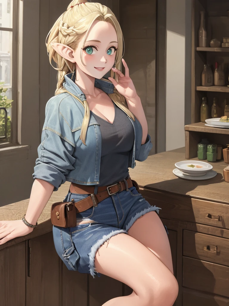 (masterpiece, best quality) detailed, dmarci, 1girl, solo, black cargo shorts, silver accessories, denim jacket, blonde, elegant, pointed ears, casual posture, smiling, large breasts, looking at viewer,